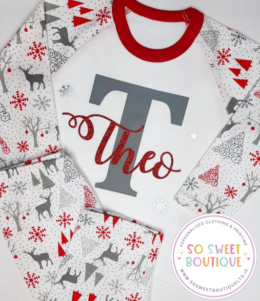 Classic Initial Unisex Reindeer Personalised Christmas Pyjamas