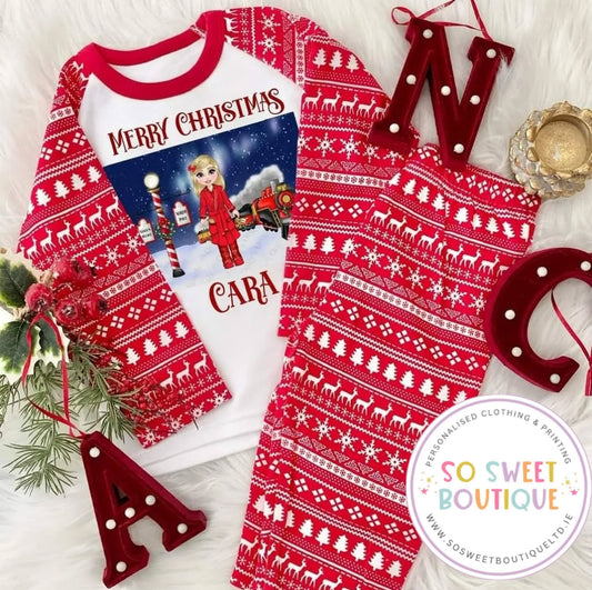 Polar Express Girl Dolly Red Reindeer Personalised Christmas Pyjamas