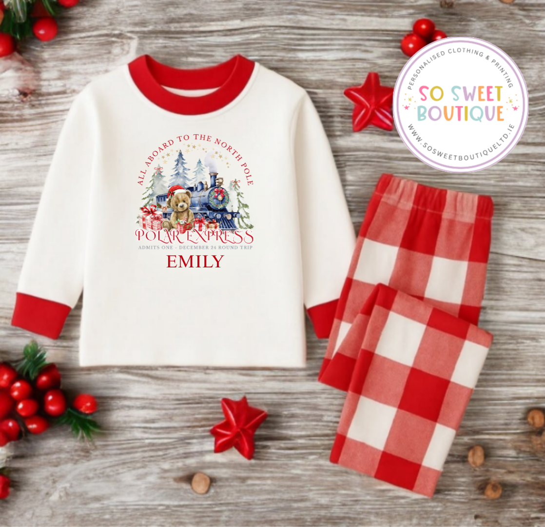 Polar Express Red Check Unisex Personalised Christmas Pyjamas