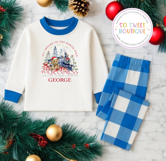 Polar Express Blue Check Unisex Personalised Christmas Pyjamas