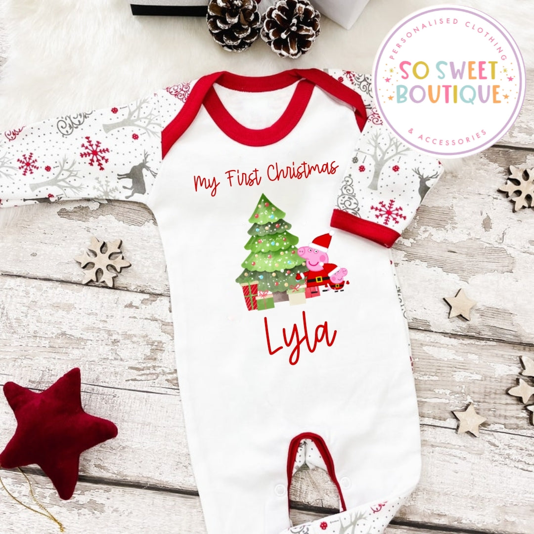 Peppa Pig themed Personalised Christmas Babygro Sleepsuit