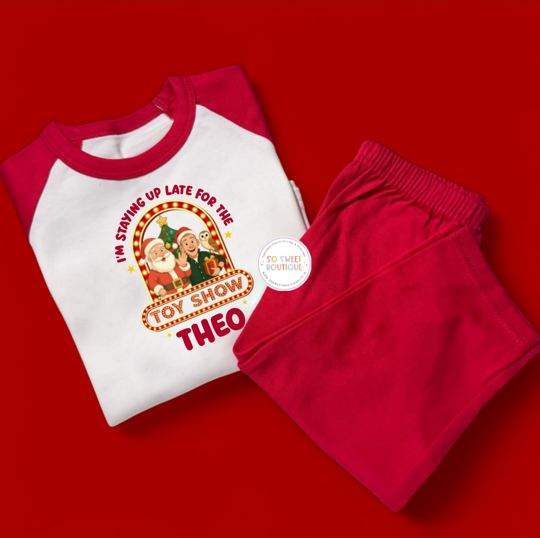 Personalised plain red style pyjamas by SoSweetBoutiqueLtd, featuring a soft fabric and relaxed fit for comfortable sleepwear.