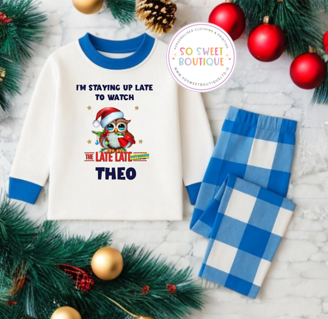 Personalized blue checkered owl pajamas for kids from SoSweetBoutiqueLtd, featuring a cute owl design and soft fabric.