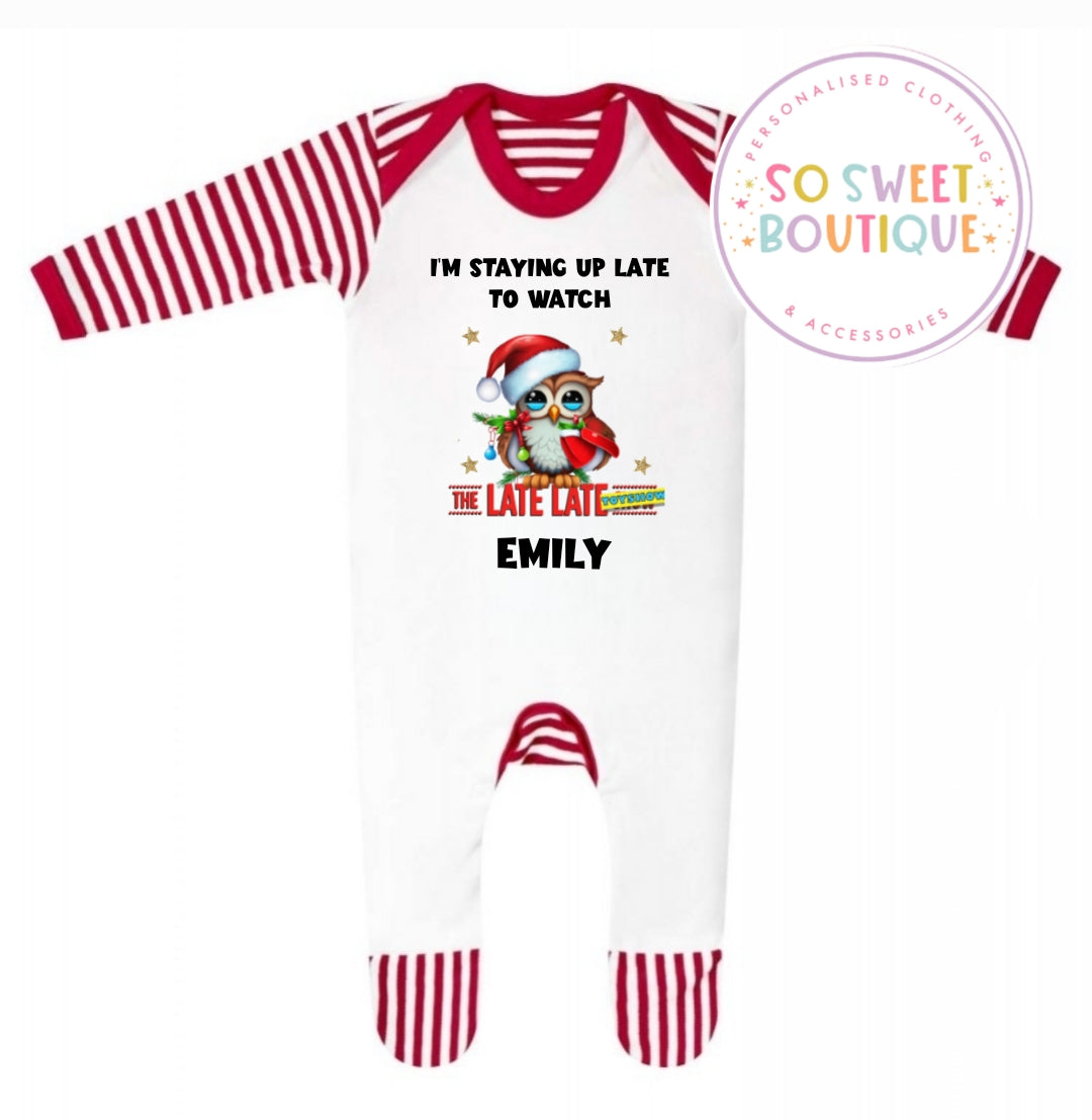 The Toy Show Owl Personalised Red Stripe Babygro Sleepsuit