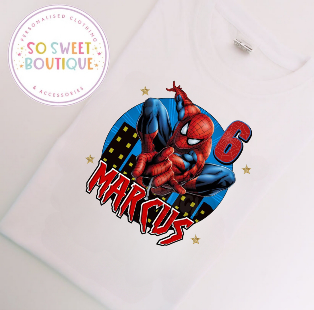 White Spiderman themed birthday T-shirt by SoSweetBoutiqueLtd featuring Spiderman design for kids' celebration.