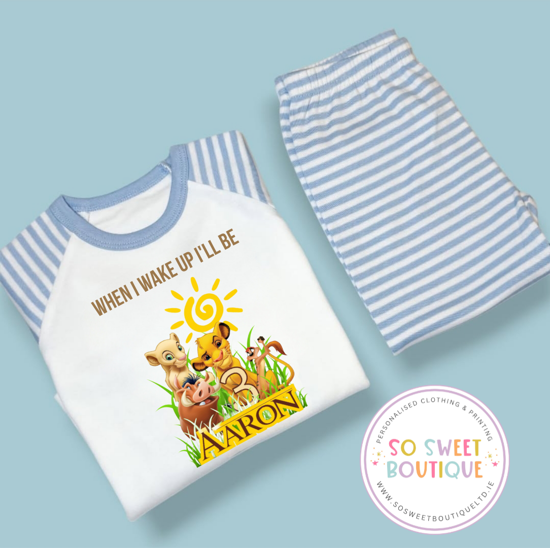 Personalised Lion King birthday pyjamas by SoSweetBoutiqueLtd featuring a lion character and playful design for kids.