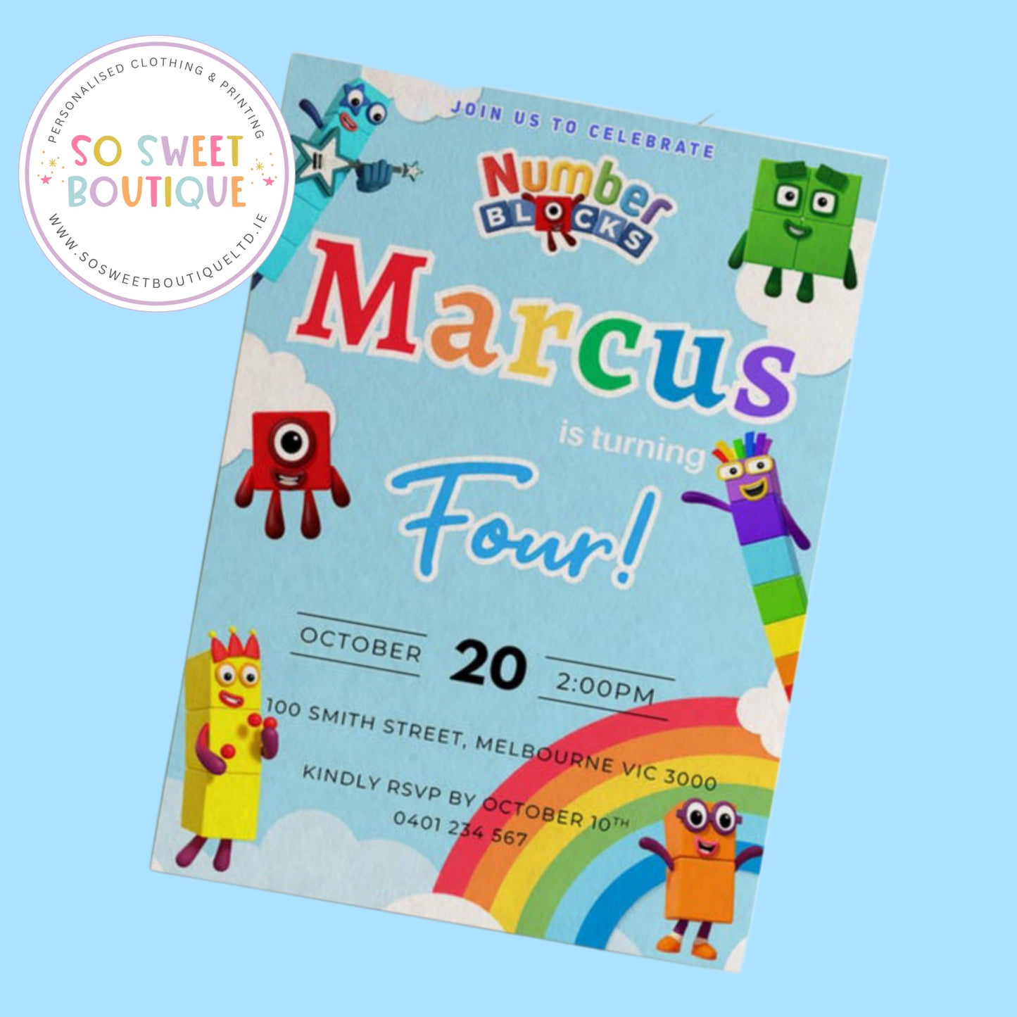 Pk 16 Number Blocks Personalised Birthday Party Invitations