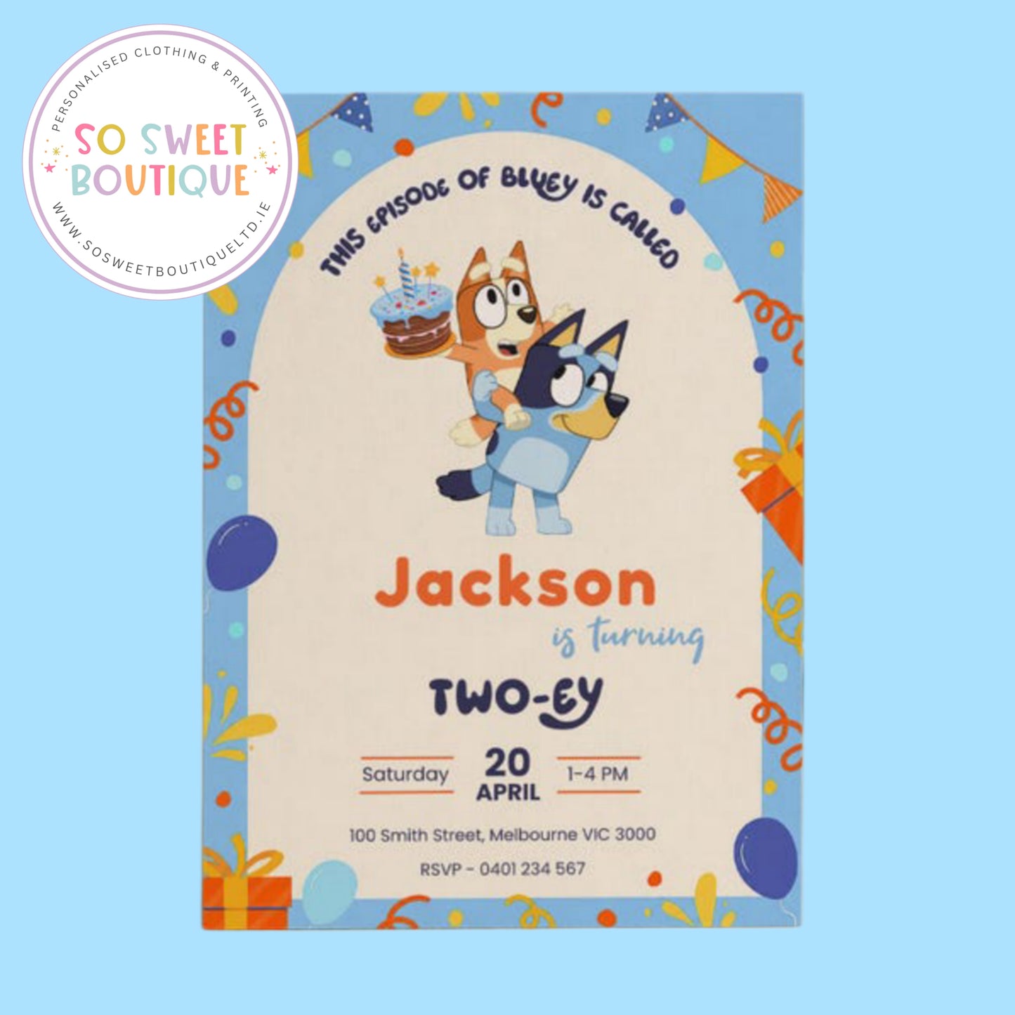Pk 16 Bluey Personalised Birthday Party Invitations