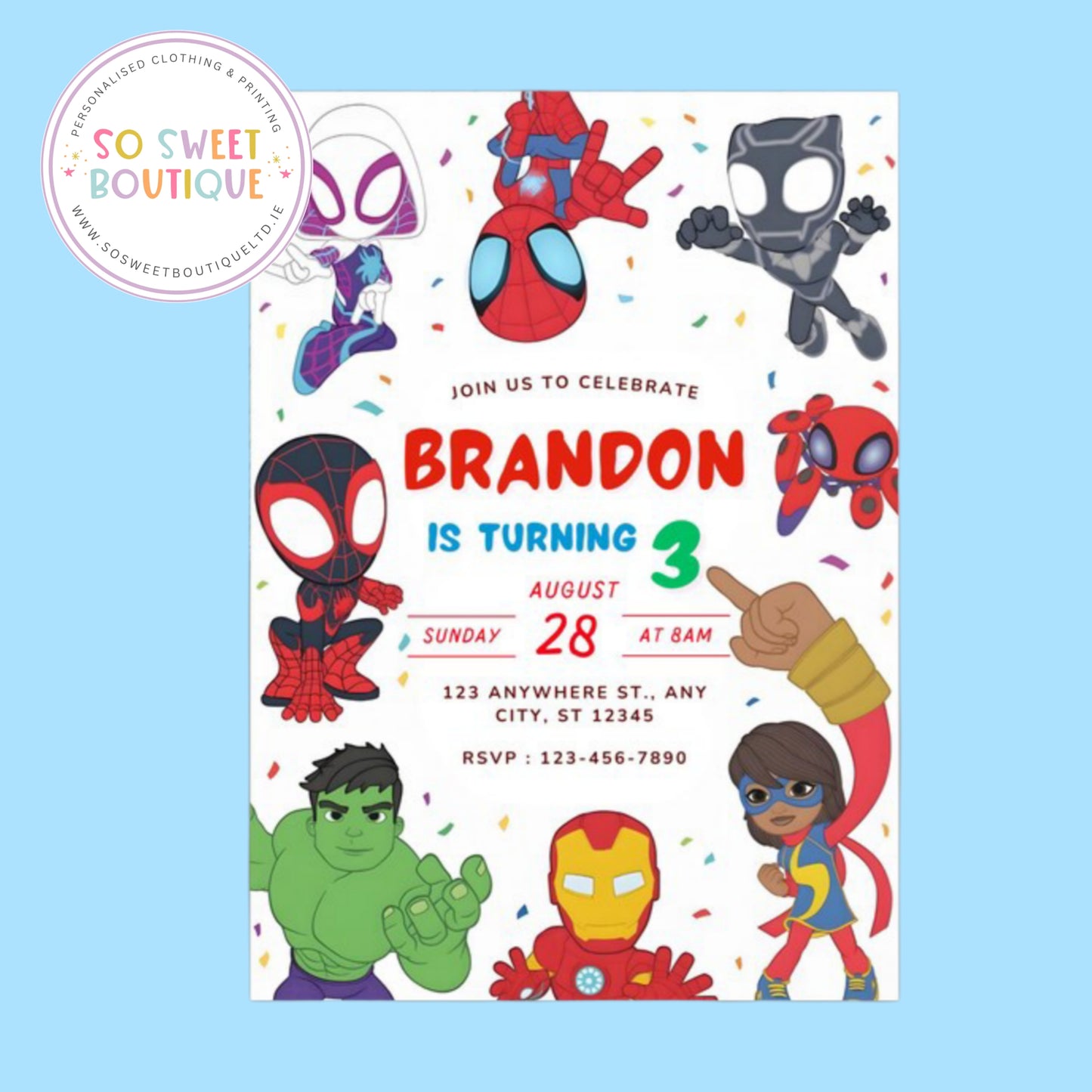 Pk 16 Spiderman Superhero Personalised Birthday Party Invitations