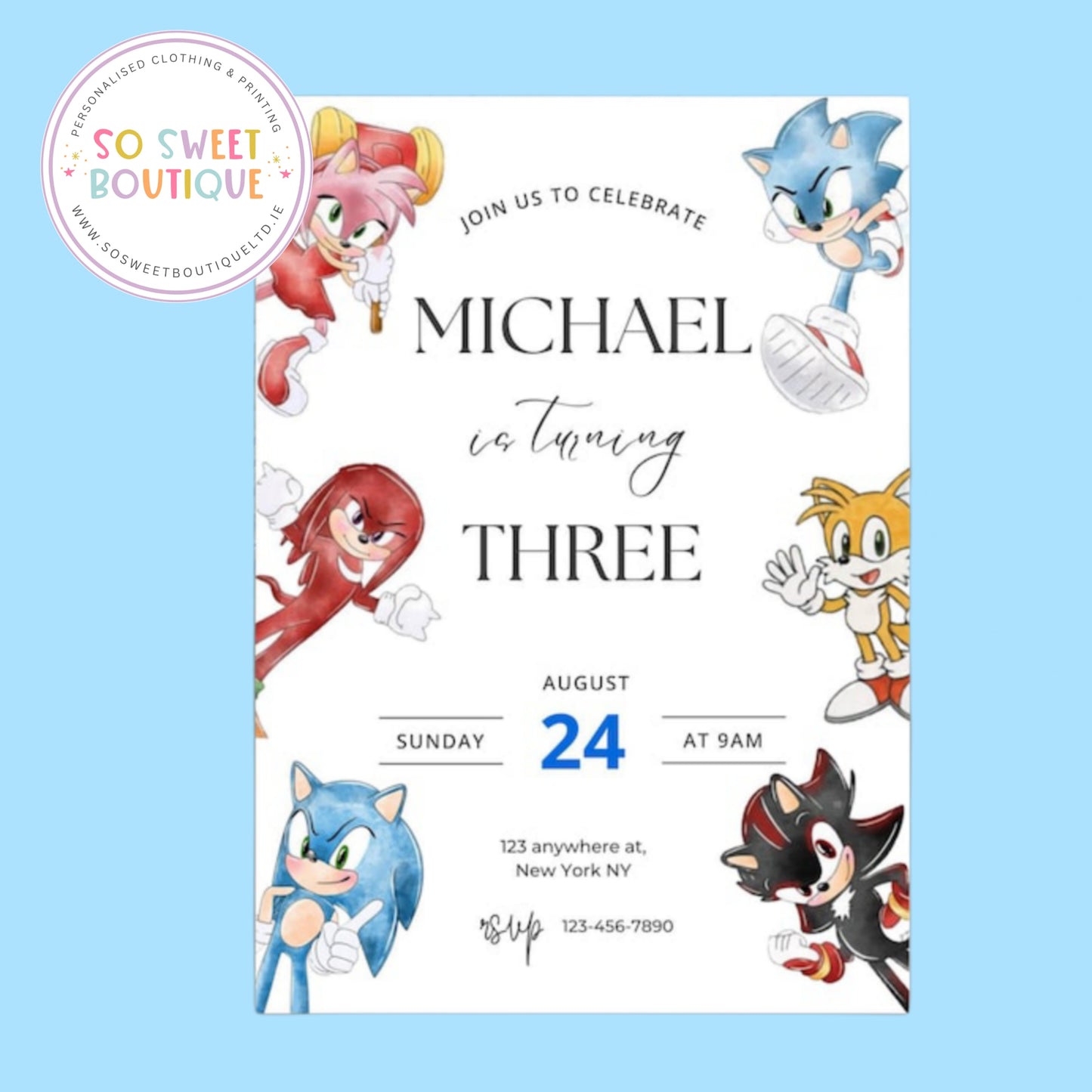 Pk 16 Sonic The Hedgehog Personalised Birthday Party Invitations
