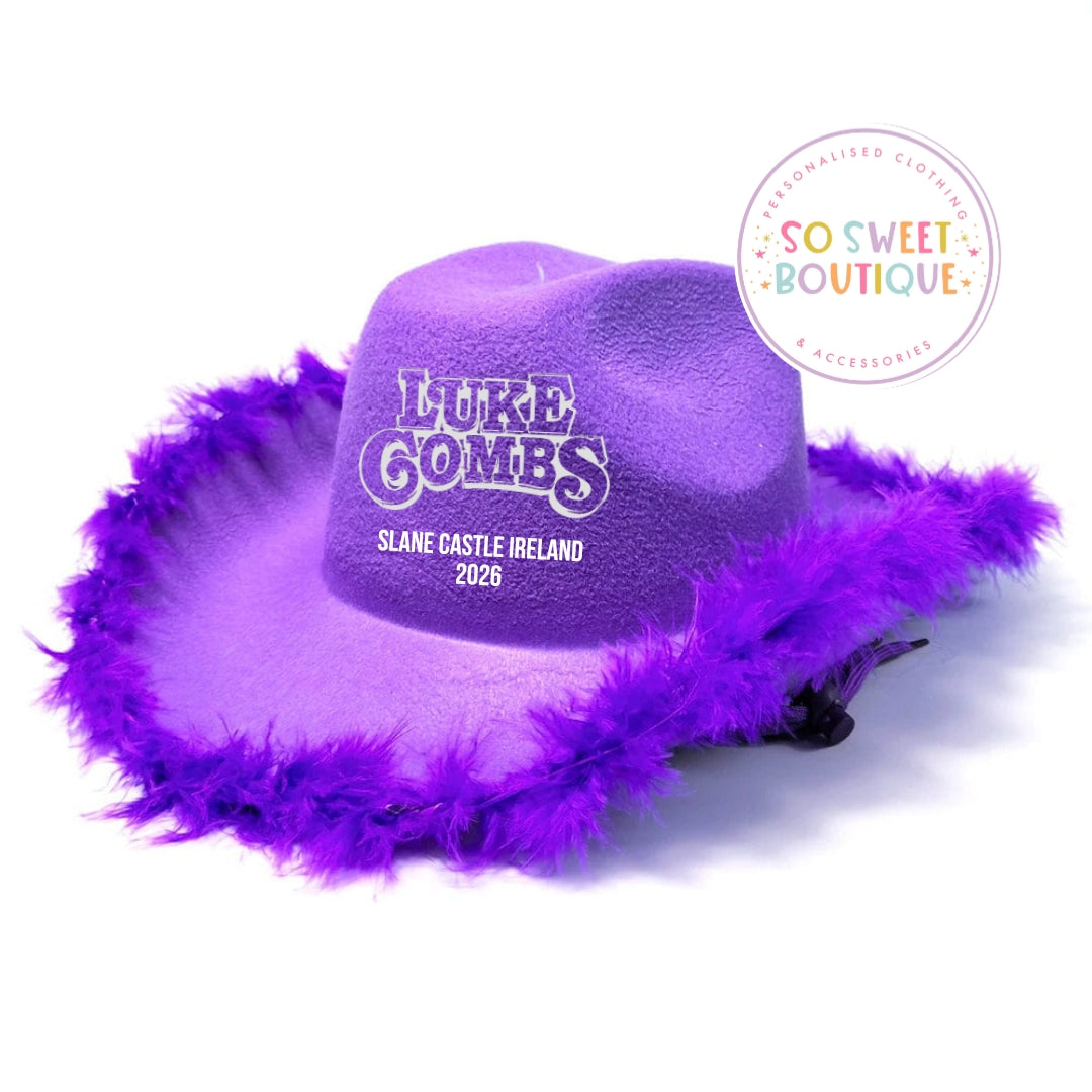 Luke Combs Slane Castle 2026 Purple Feathered Cowboy Hat