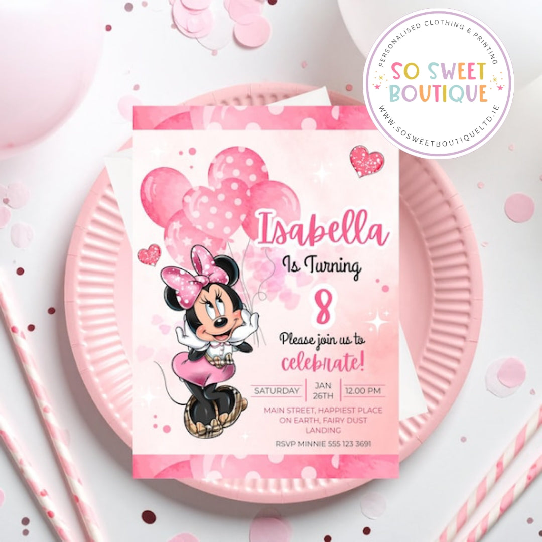Pk 16 Minnie Mouse themed Personalised Birthday Party Invitations