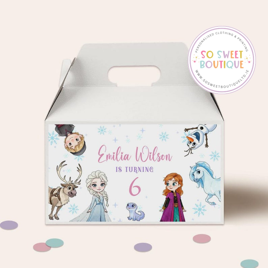 Frozen Anna And Elsa themed Personalised White Fillable Party Box
