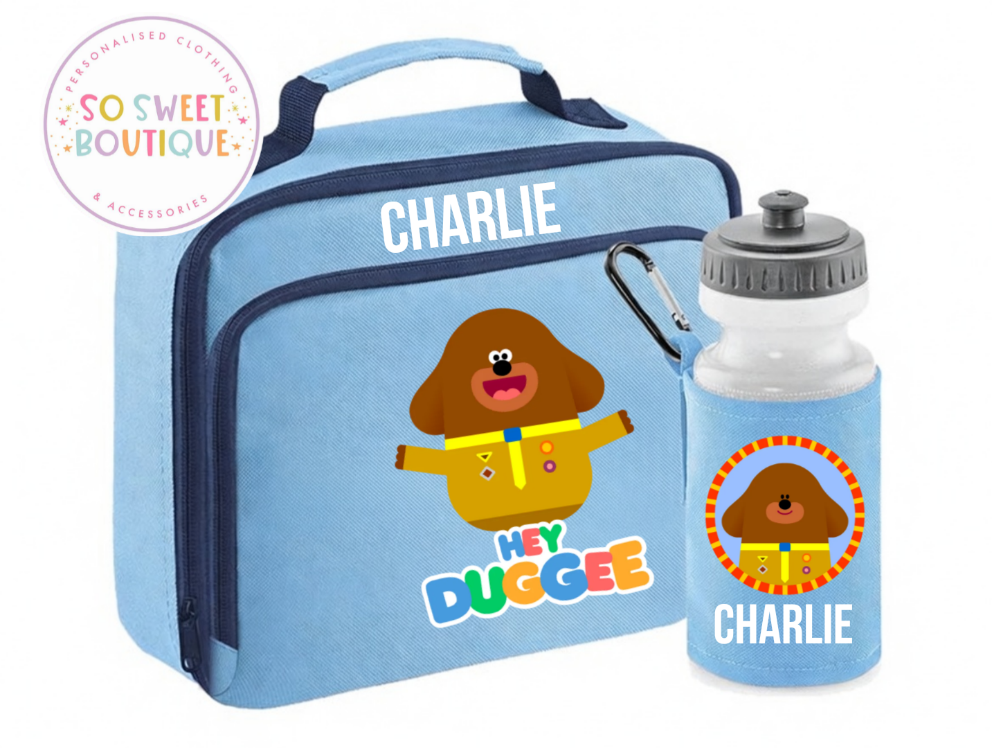 Hey Duggee Personalised Insulated Lunch Bag & Water Bottle Set (3 Colour Options)