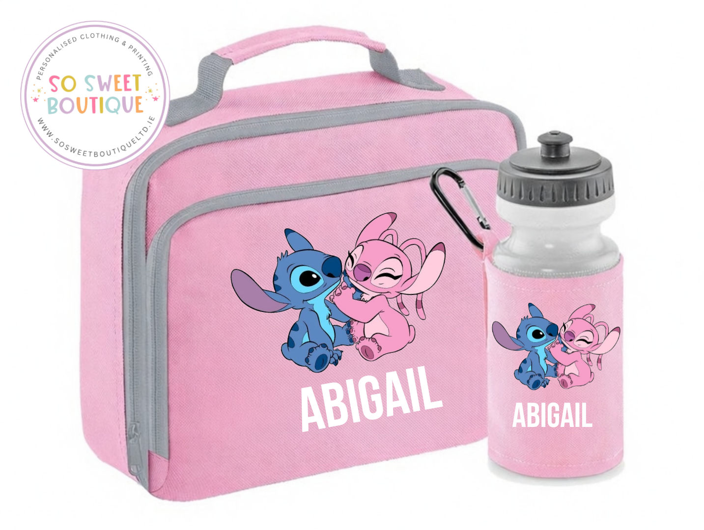 Stitch & Angel Personalised Insulated Pink Lunch Bag & Water Bottle Set