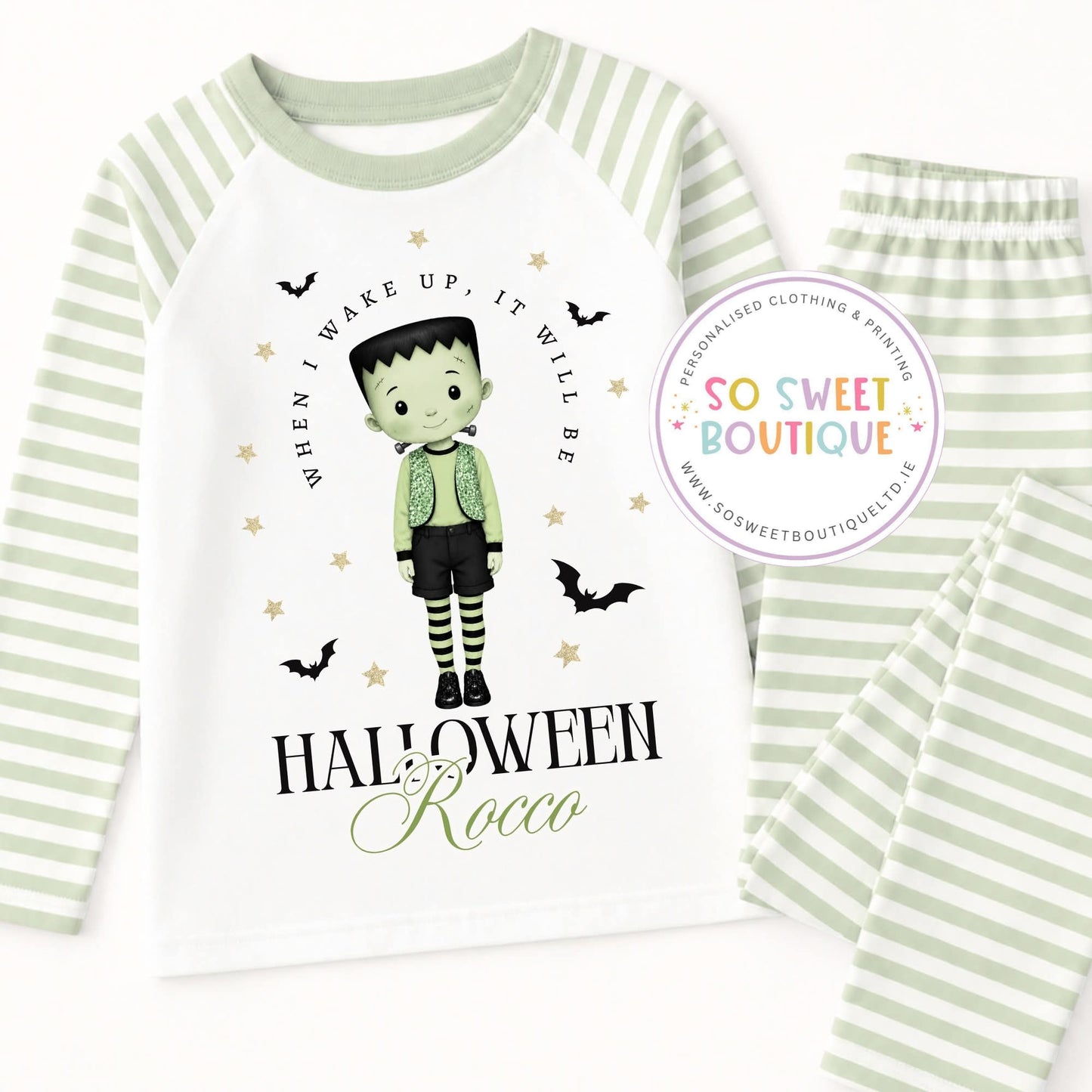 Frankenstein themed Personalised Halloween Sage Stripe Pyjamas