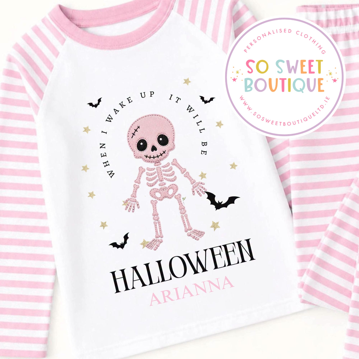 Skeleton themed Personalised Halloween Pink Pyjamas