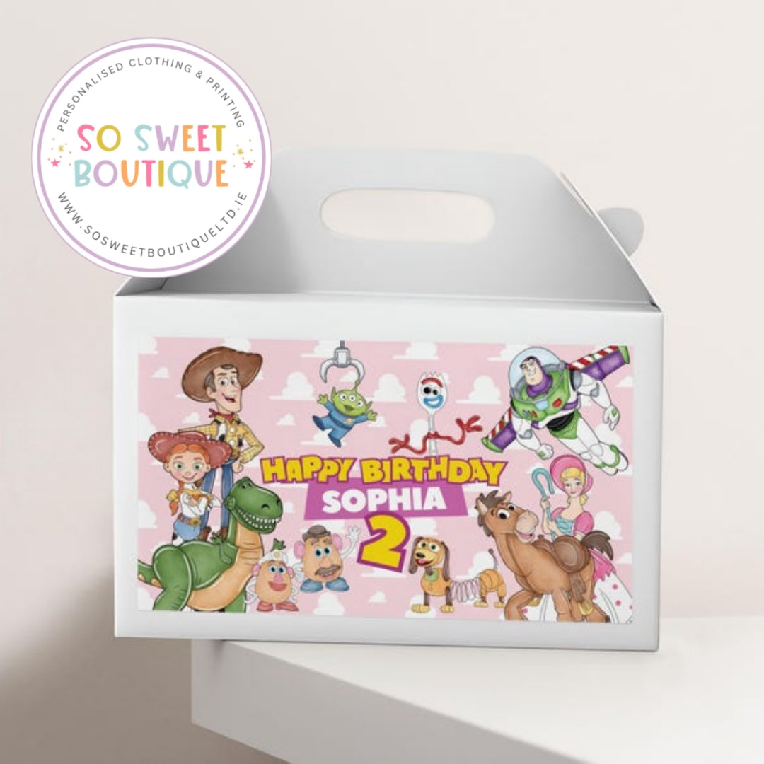 Pink Toy Story themed personalized white treat box with fillable interior, perfect for kids' parties and special occasions.