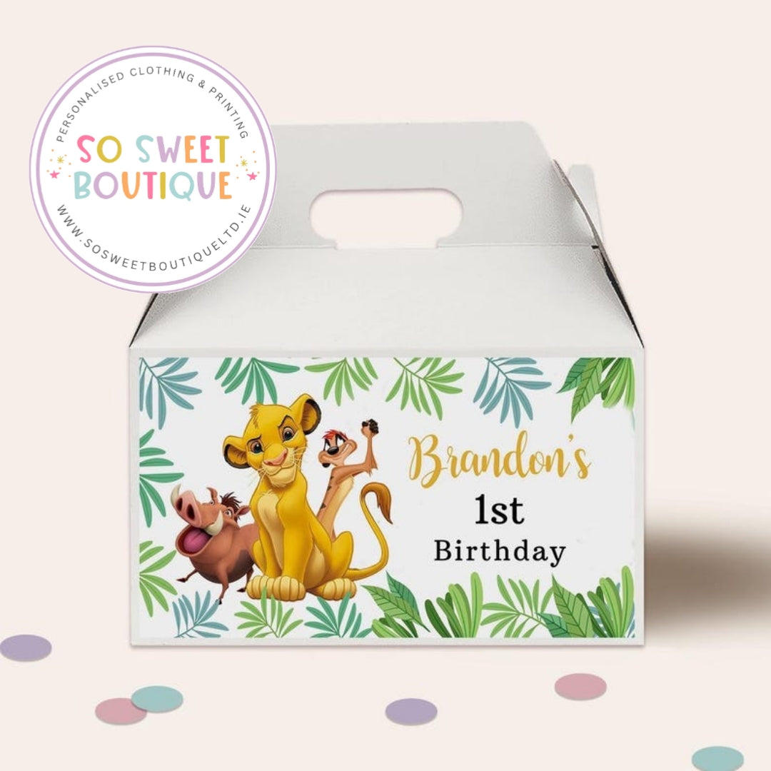 White fillable treat box with The Lion King theme and personalized name decoration, ideal for birthday party favors.
