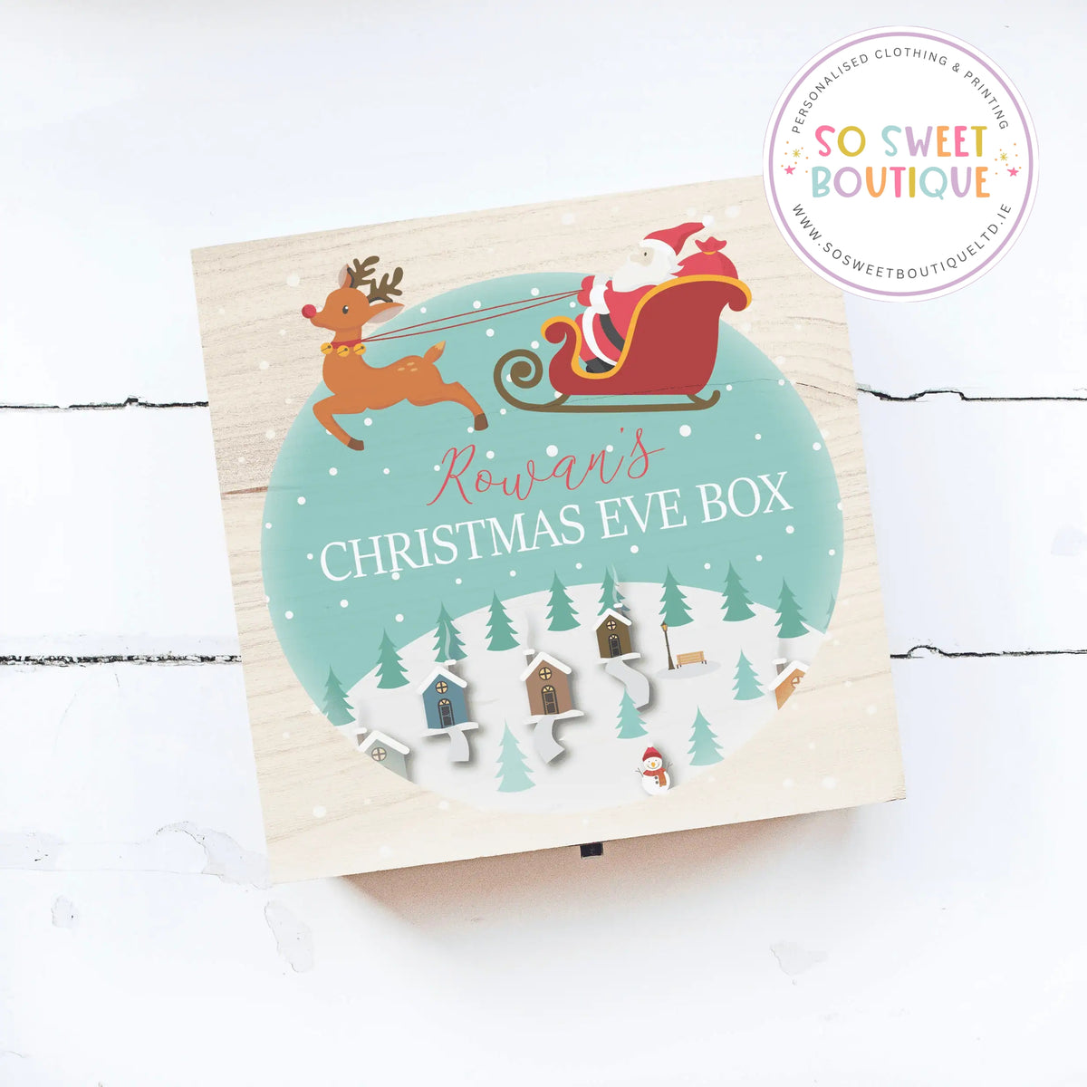 Blue Santa sleigh Christmas Eve wooden box by SoSweetBoutiqueLtd, seasonal keepsake design