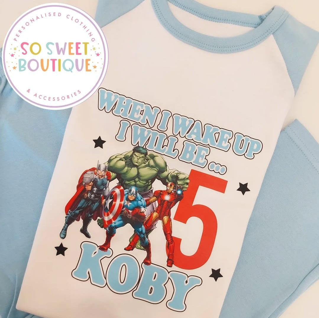 Personalised superhero Avengers birthday pyjamas from SoSweetBoutiqueLtd, featuring colorful superhero graphic and custom name print.