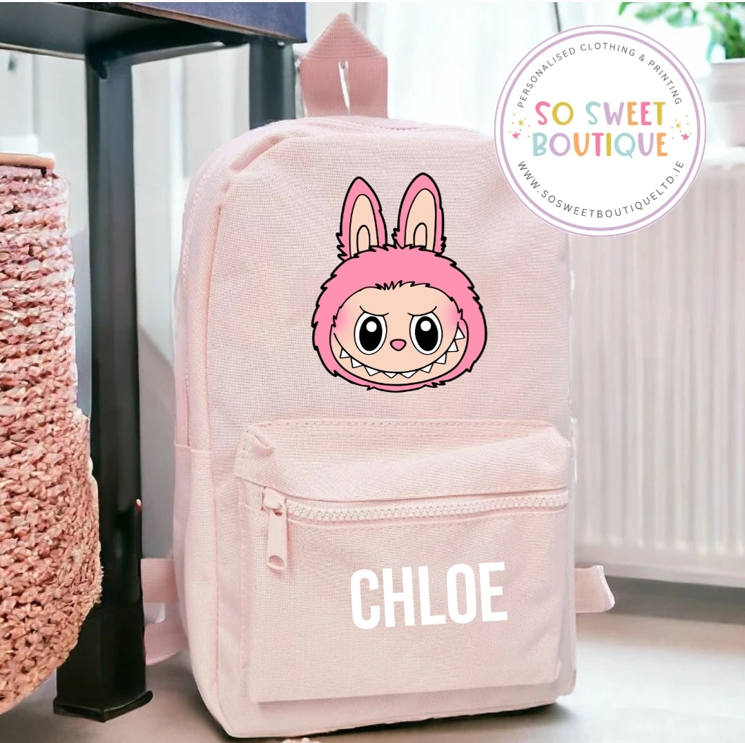 Little Monster themed Personalised Pastel Pink Backpack