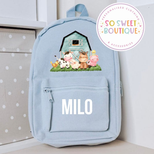 Farm themed Personalised Pastel Blue Backpack