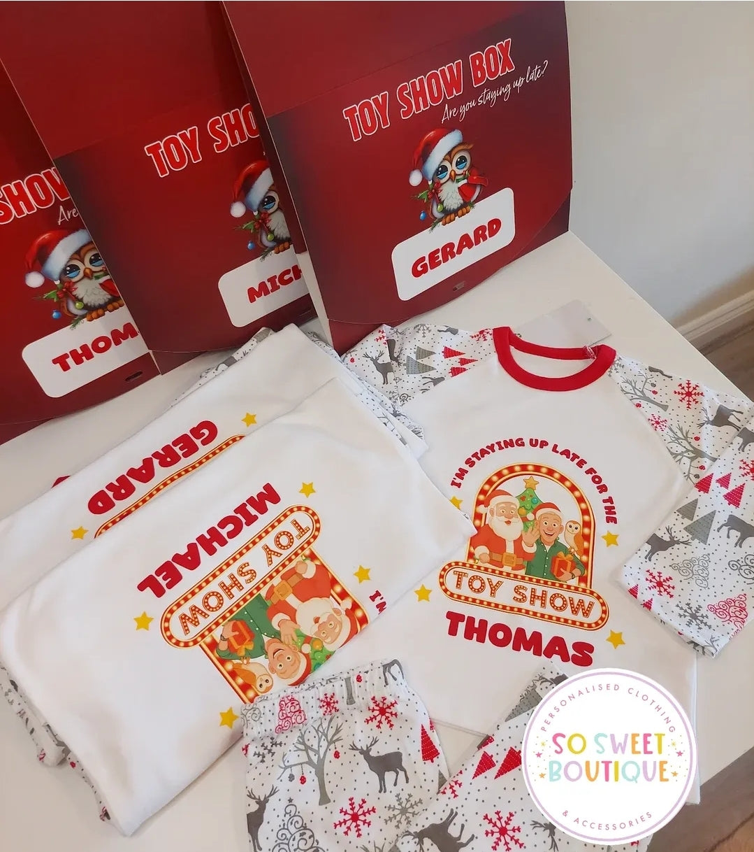 The Toy Show Personalised Unisex Reindeer Matching Family Pyjamas.