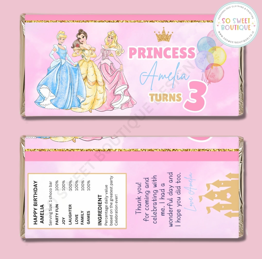Princess themed Personalised 40g Milk Chocolate Bars - 5 Pack - SoSweetBoutiqueLtd