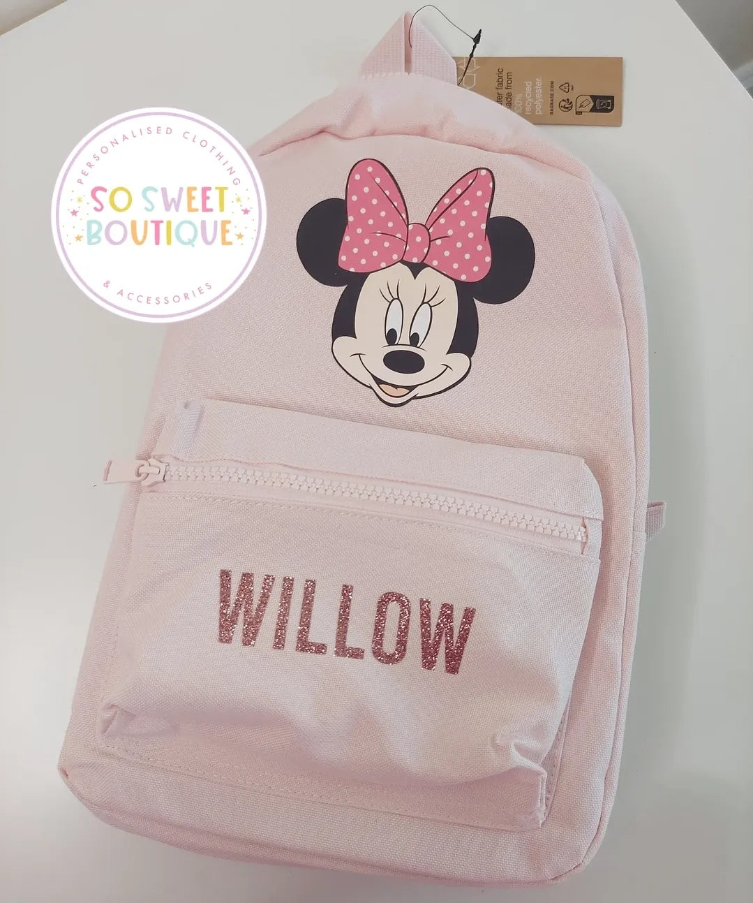 Minnie themed Personalised Pastel Pink Backpack - SoSweetBoutiqueLtd
