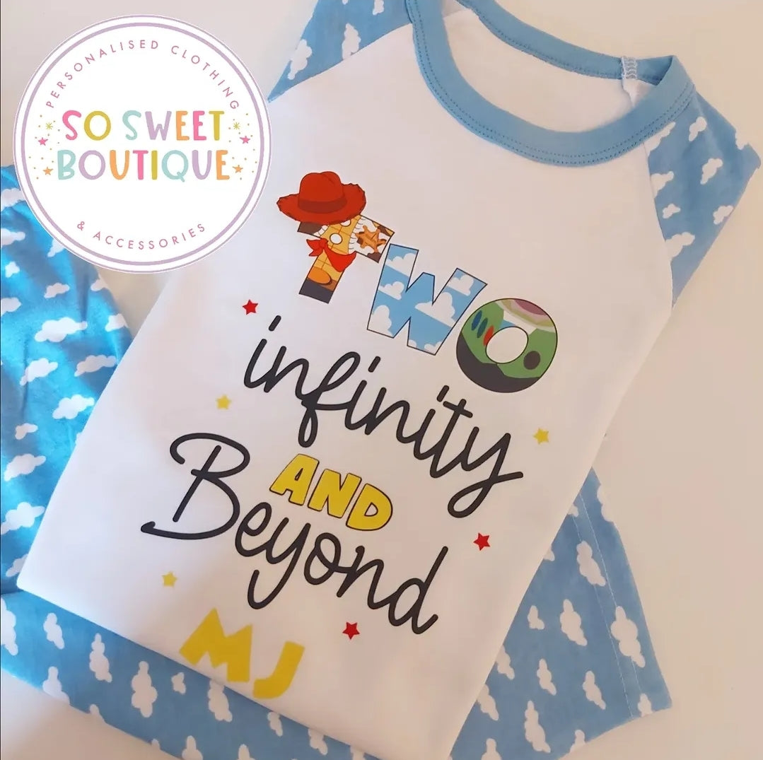 Personalized birthday pajamas featuring "To Infinity And Beyond" design from SoSweetBoutiqueLtd, with a fun, space-themed print.