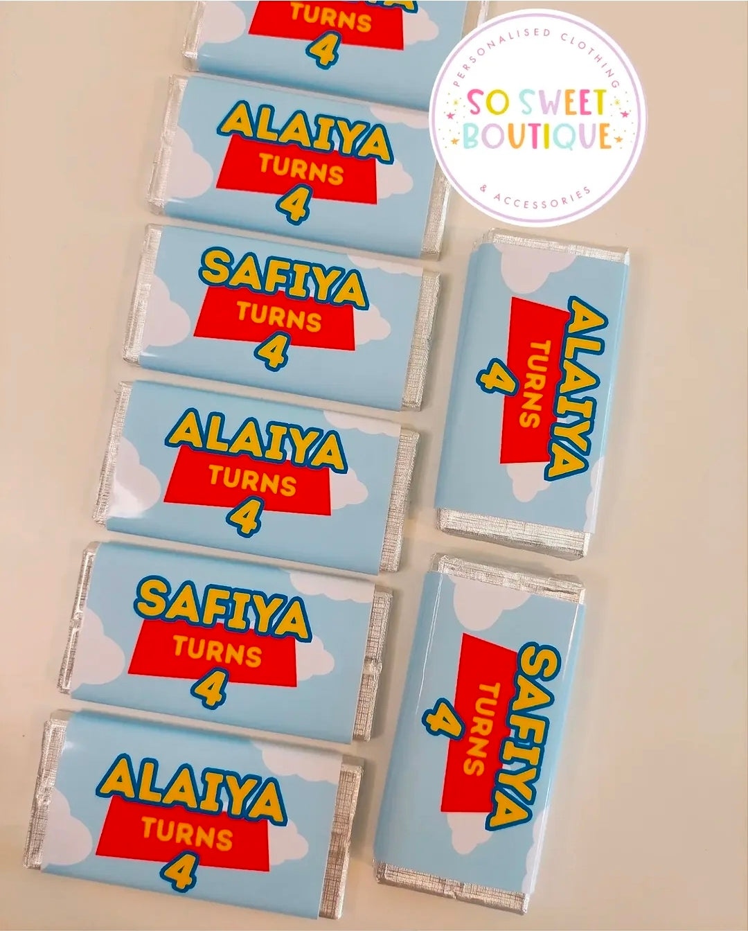 Screenshot of Toy Story themed personalized 40g milk chocolate bars by SoSweetBoutiqueLtd, featuring colorful packaging and Toy Story characters.