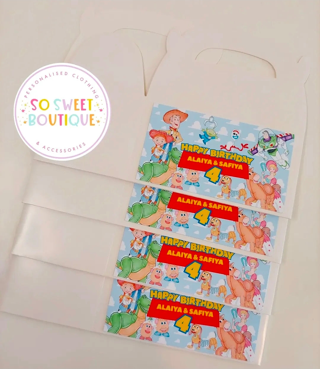 Blue Toy Story themed personalized white treat box with fillable interior, ideal for parties and gifts.