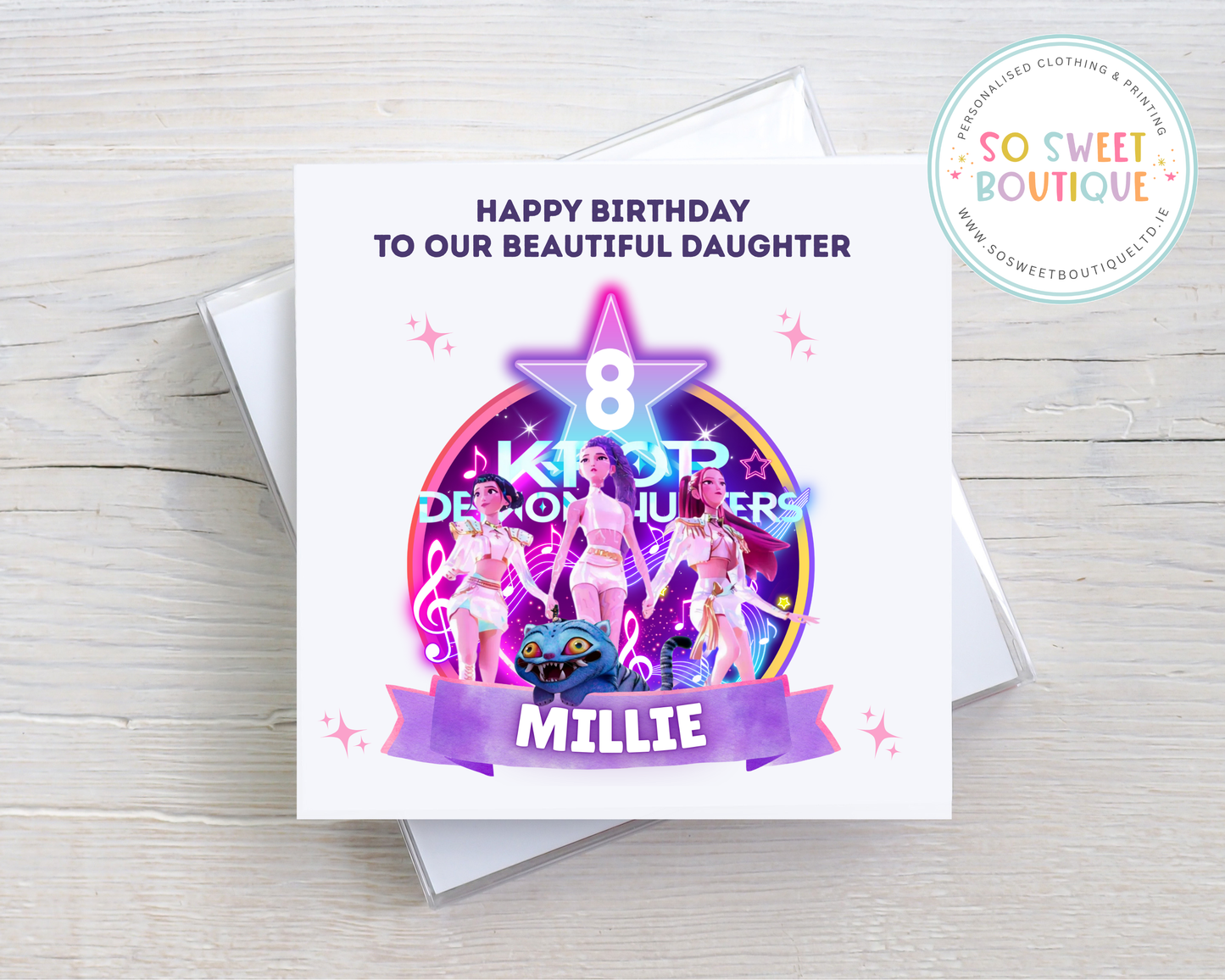 Personalised KPOP Demon Hunters birthday card featuring vibrant artwork and space for custom message, by SoSweetBoutiqueLtd.