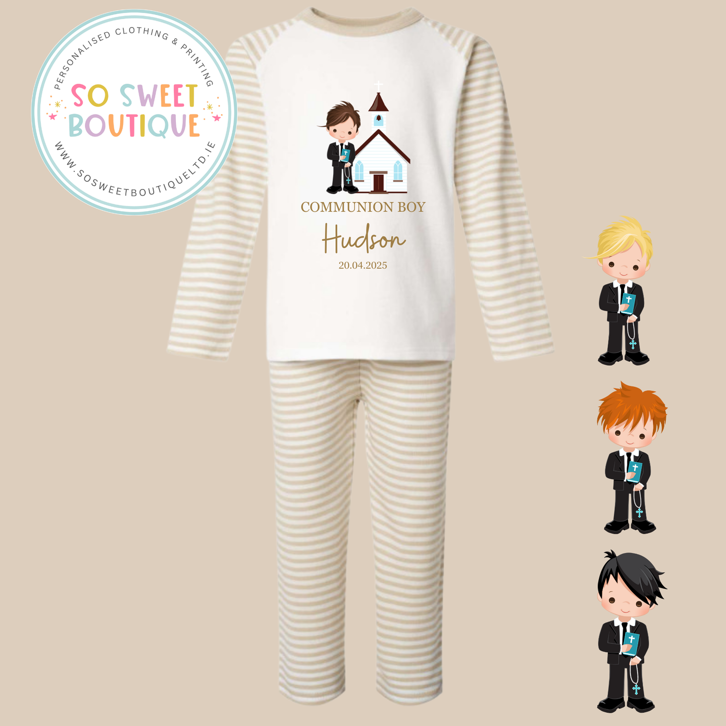 Communion Boy Natural Beige Stripe Pyjamas