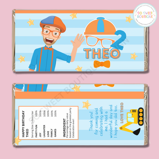 Blippi themed Personalised 40g Milk Chocolate Bars - 5 Pack