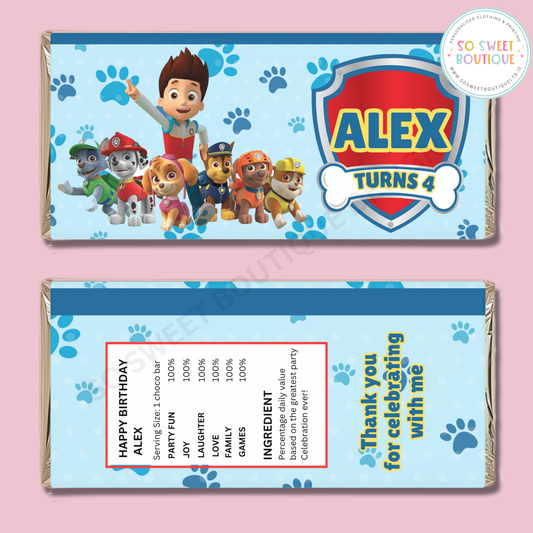 Paw Patrol themed Personalised 40g Milk Chocolate Bars - 5 Pack