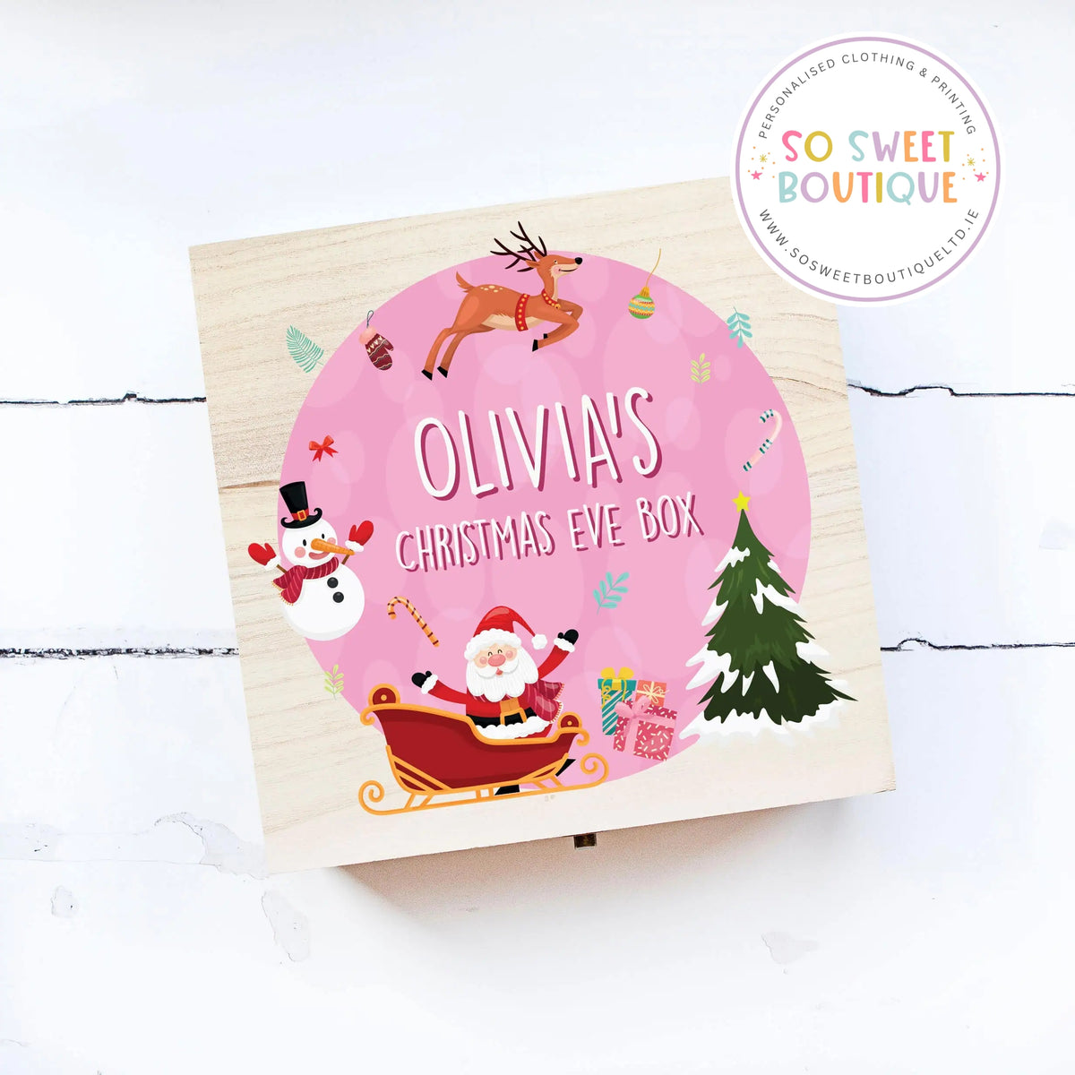 Pink Santa Christmas Eve wooden box by SoSweetBoutiqueLtd with festive Christmas design