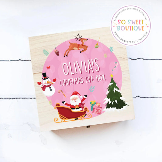 Pink Santa Christmas Eve wooden box by SoSweetBoutiqueLtd with festive Christmas design
