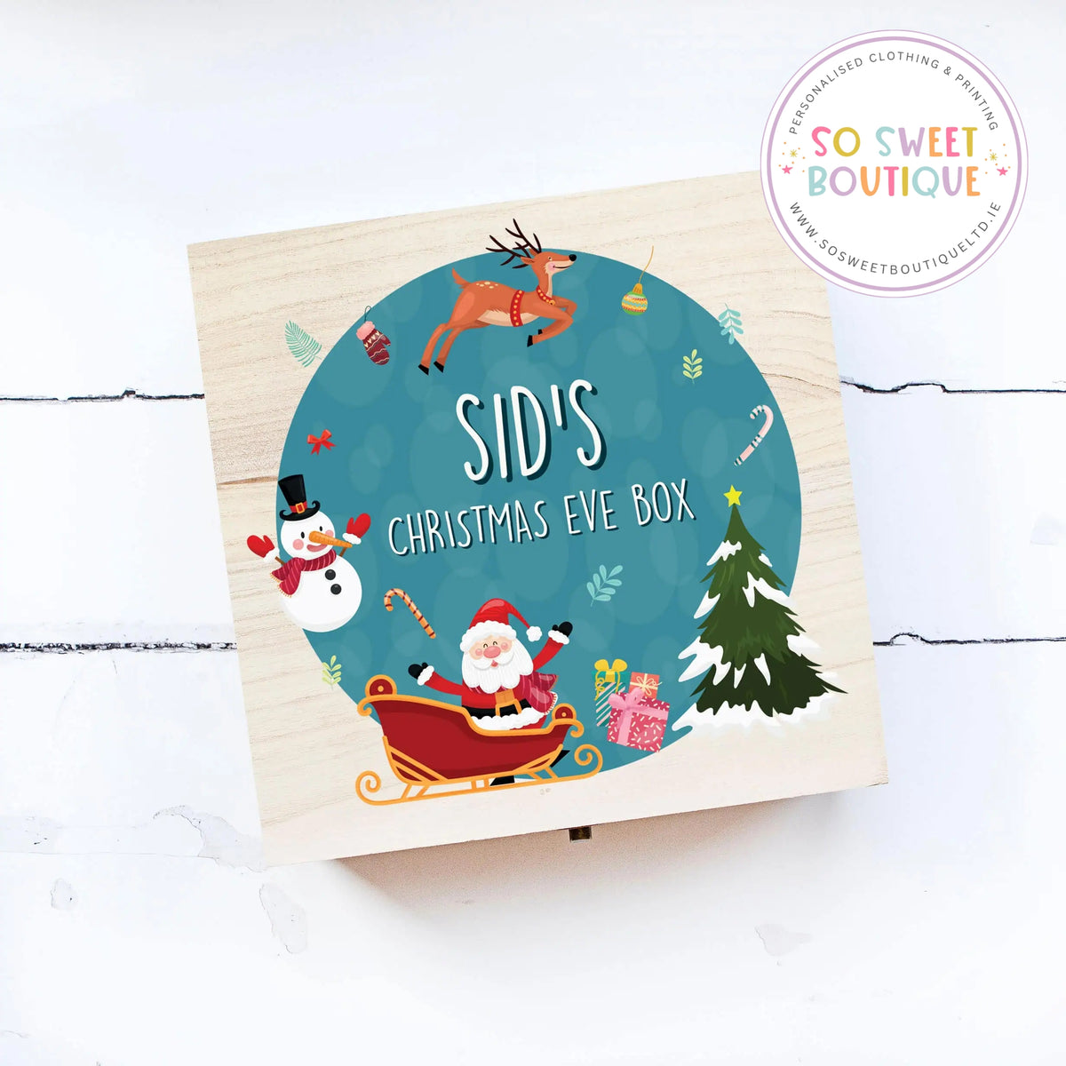 Blue Santa Christmas Eve wooden box by SoSweetBoutiqueLtd‑