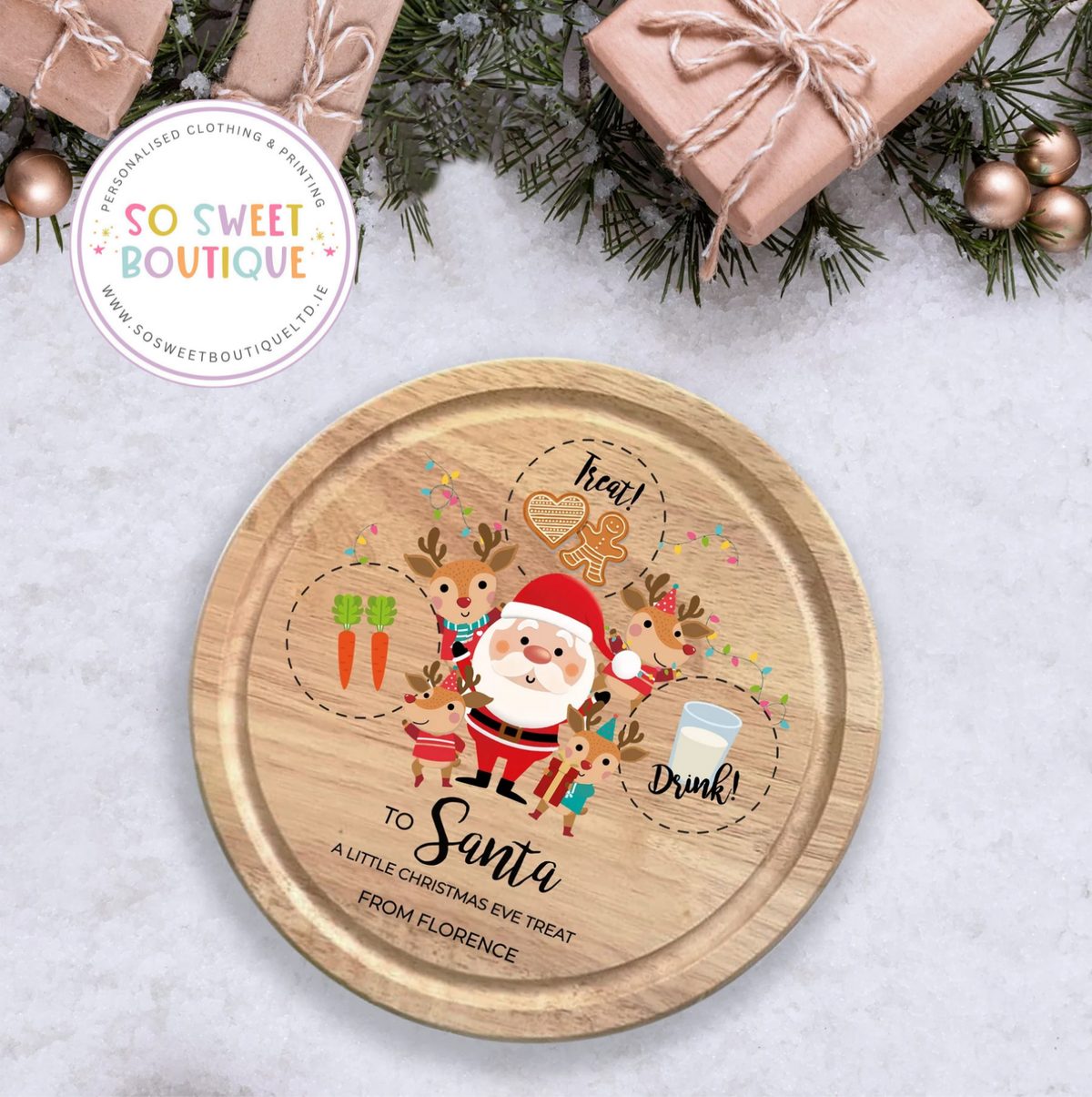 Personalised wooden Santa and reindeer treat board by SoSweetBoutiqueLtd
