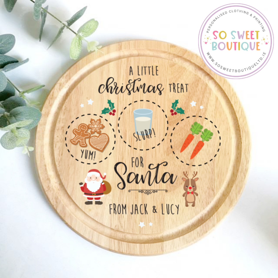 Personalised Santa and Rudolph wooden treat board from SoSweetBoutiqueLtd, festive Christmas design