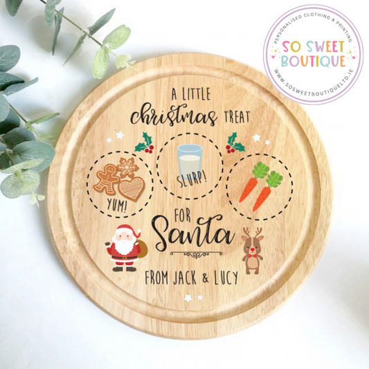 Personalised Santa and Rudolph wooden treat board from SoSweetBoutiqueLtd, festive Christmas design