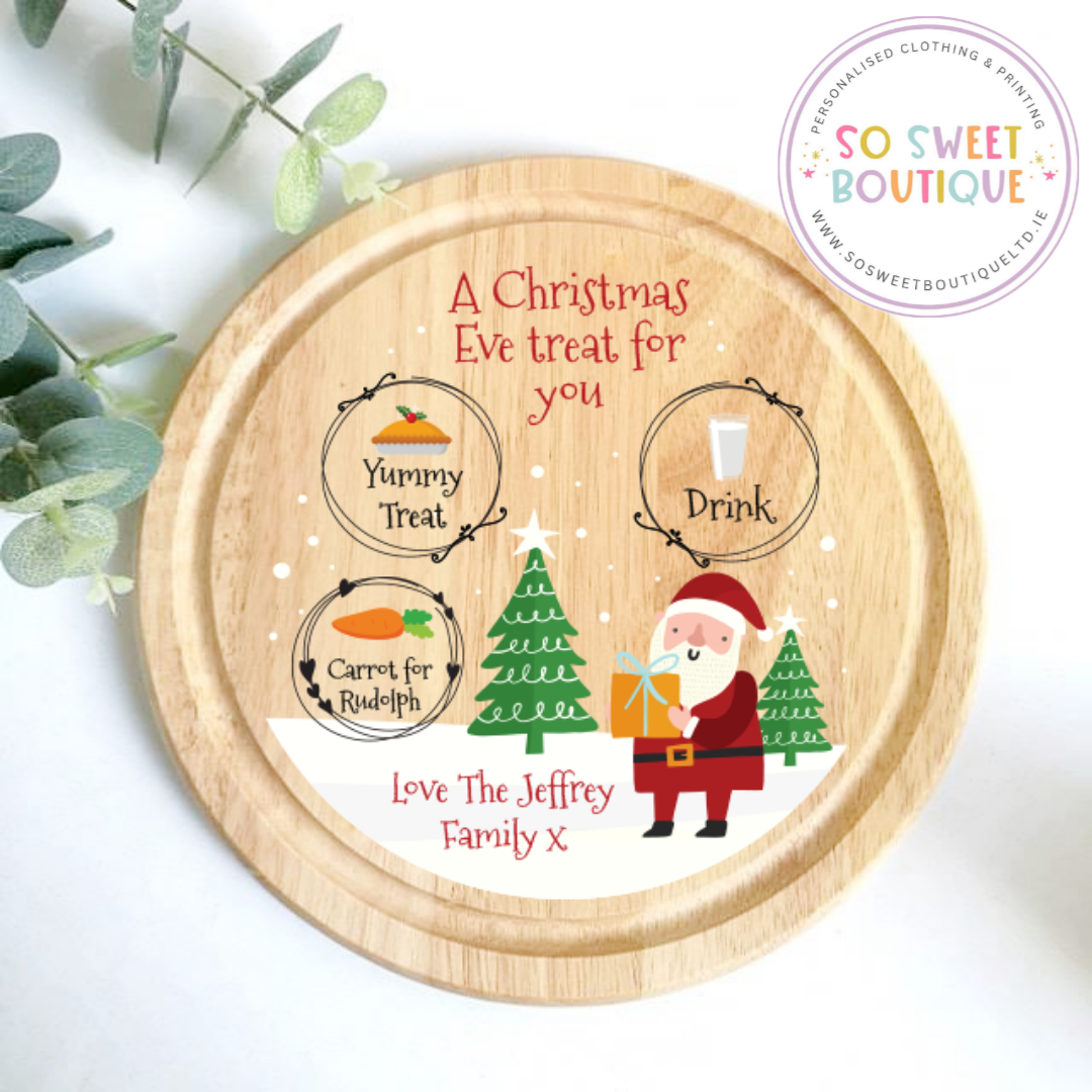 Personalised wooden Santa Claus treat board with festive Christmas design by SoSweetBoutiqueLtd