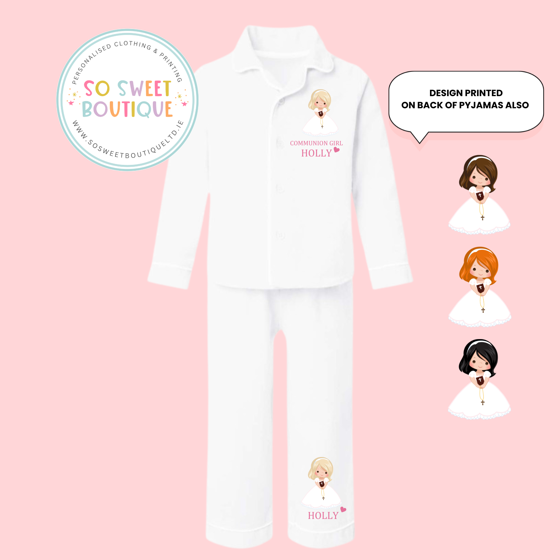 Communion Girl Short Hair White Cotton PJs - SoSweetBoutiqueLtd