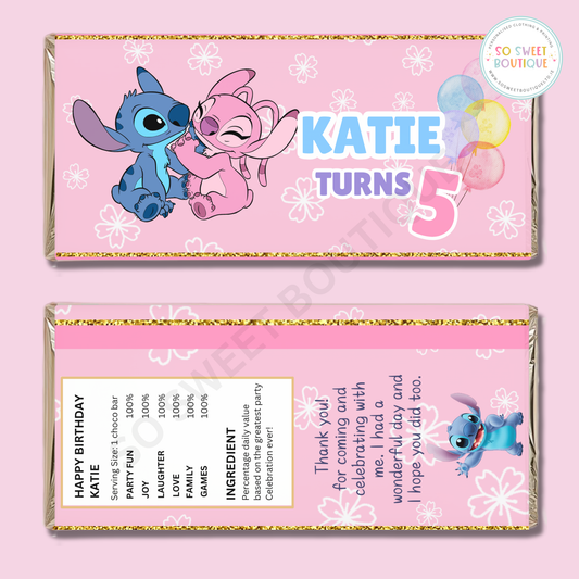 Stitch & Angel themed Personalised 40g Milk Chocolate Bars - 5 Pack