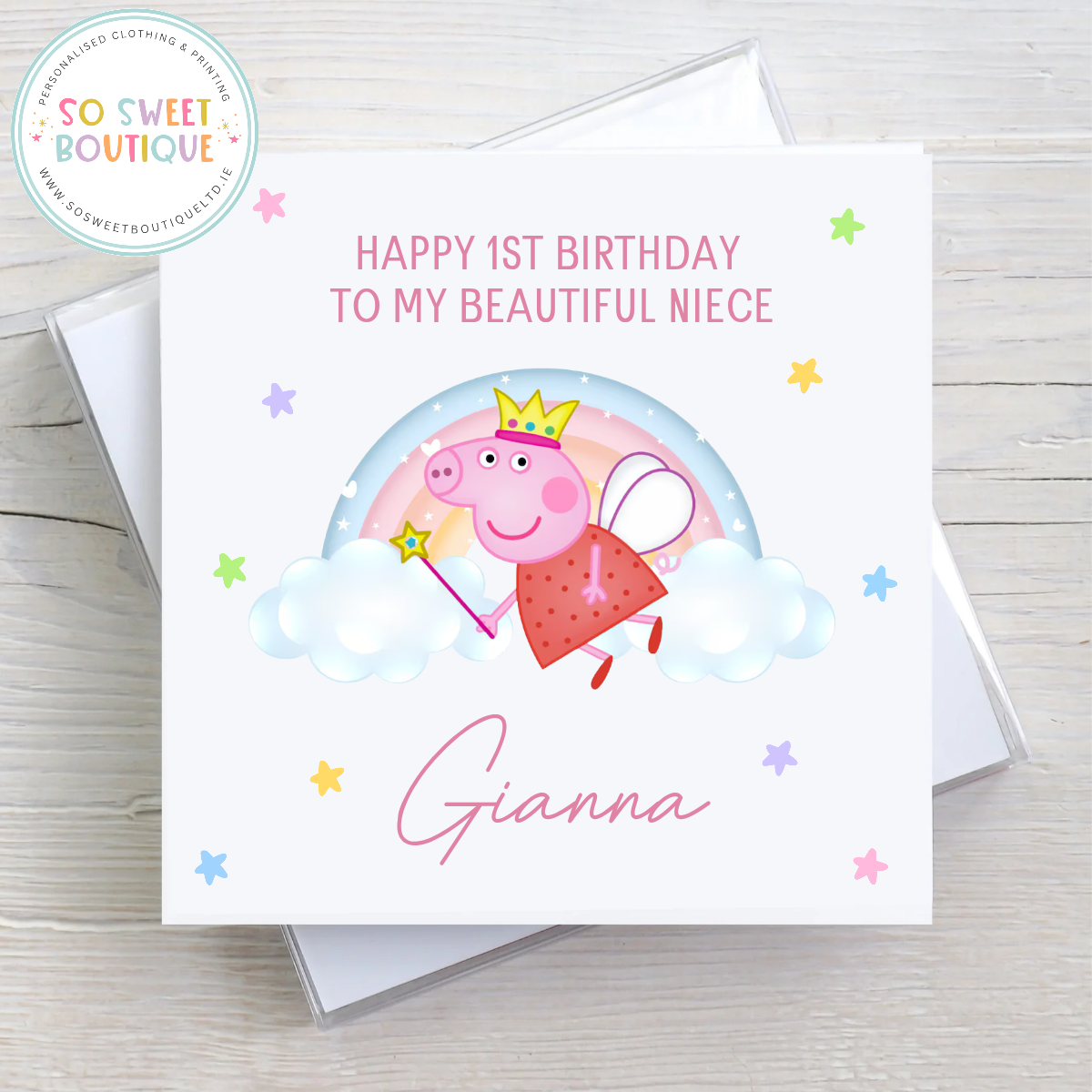 Personalised Peppa Pig birthday card featuring starry design and colorful characters, perfect for children's celebrations.