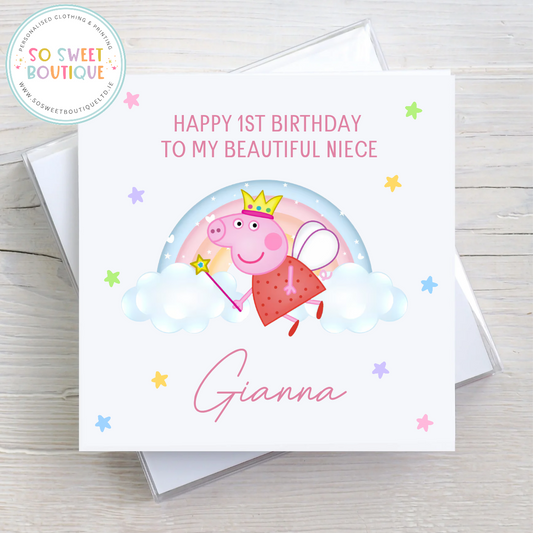 Personalised Peppa Pig birthday card featuring starry design and colorful characters, perfect for children's celebrations.