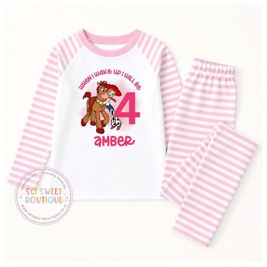 Toy Story Jessie and Bullseye birthday pyjamas for kids, personalized with "When I Wake Up" theme, from SoSweetBoutiqueLtd.