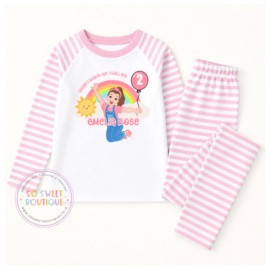 Personalised birthday pyjamas featuring "When I Wake Up" design for Ms Rachel, by SoSweetBoutiqueLtd, with colorful birthday-themed graphics.